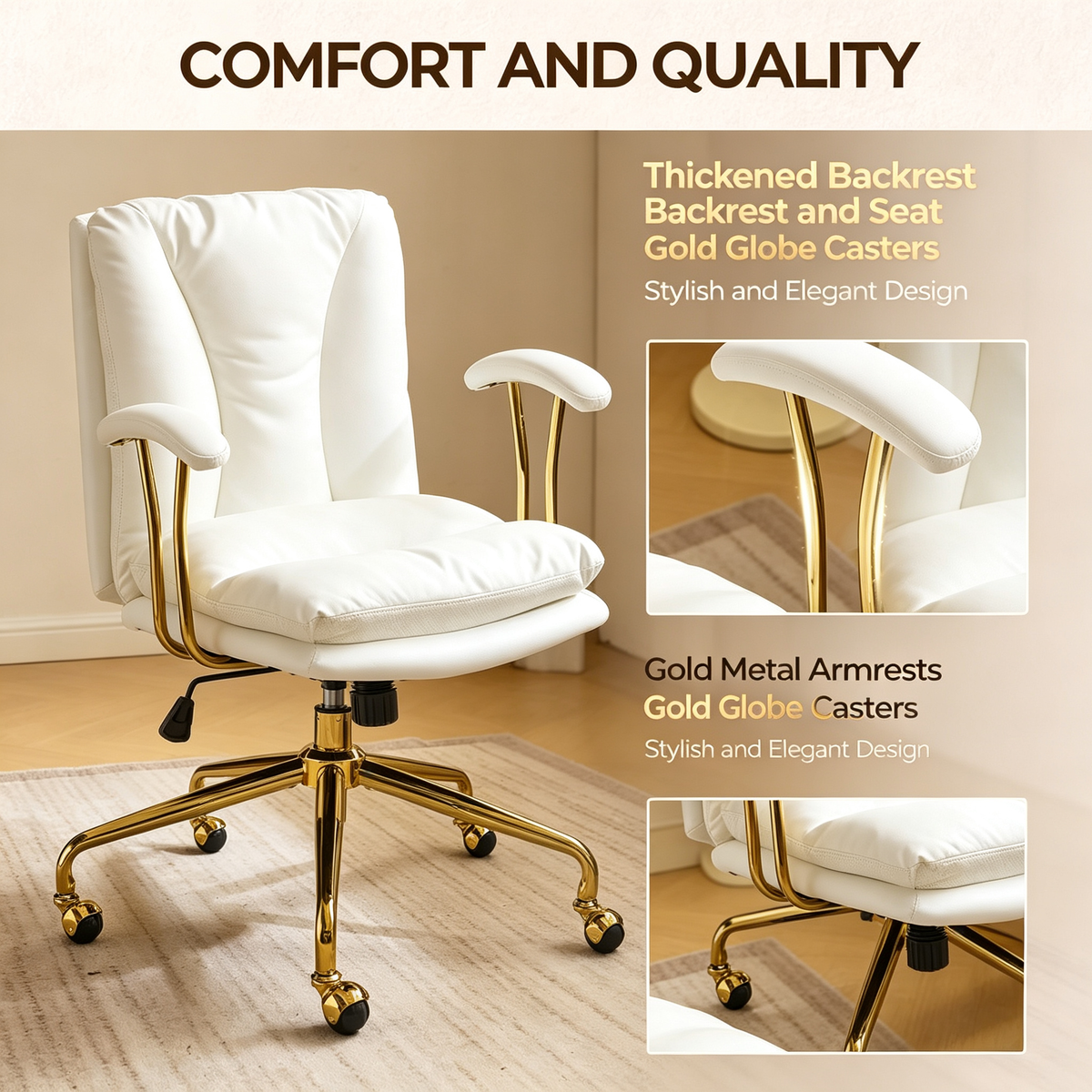 White PU Leather Office Chair with Gold Frame